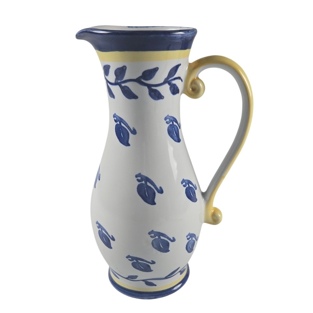 French Country Ceramic Pitcher Blue Yellow Floral Tulip 10" Decorative Vase